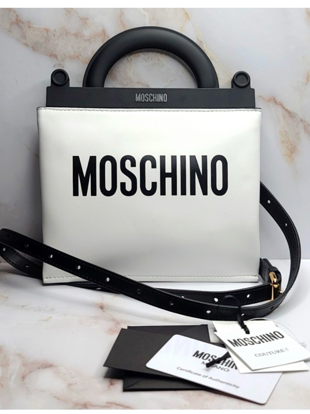 Authentic Moschino top handle mini shopper crossbody belt bag, or tote white